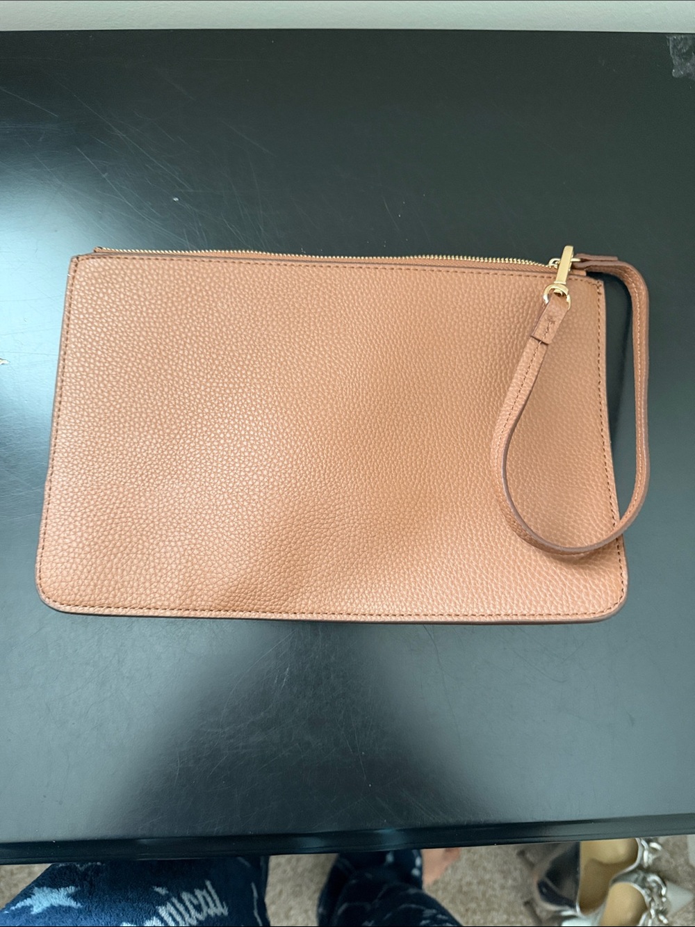 Anne Klein Pebbled Leather Wristlet Clutch in Cognac